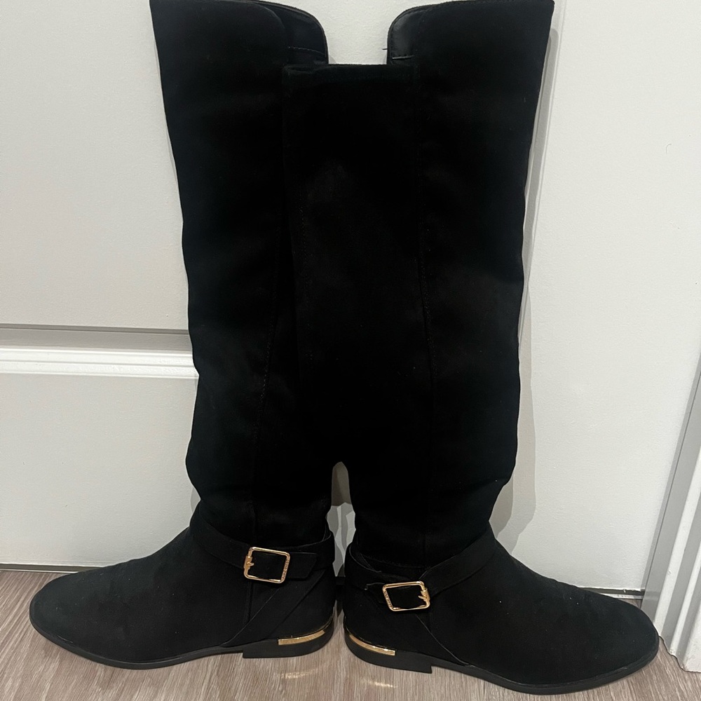 Black Knee-High Boots with Gold Buckle